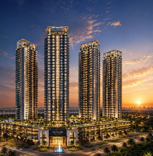 The cover of the Altair Skyline brochure: four lit towers against a sunset sky
