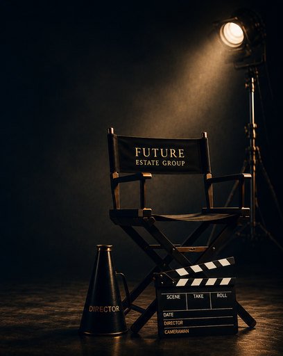 A director's chair marked Future Estate Group under a studio light, with a clapperboard and megaphone
