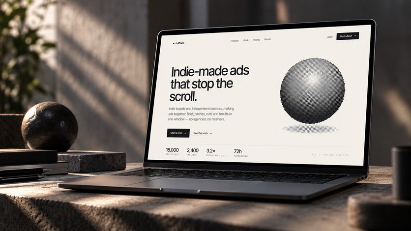 The Halftone website on a laptop: Indie-made ads that stop the scroll, beside a halftone sphere