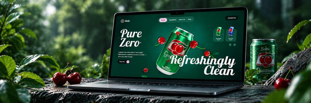 The Sodapop soda website on a laptop: Pure Zero, Refreshingly Clean, a green can among cherries