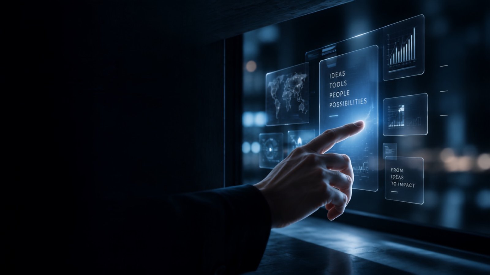 A hand reaching out to touch a translucent interface panel reading IDEAS, TOOLS, PEOPLE, POSSIBILITIES