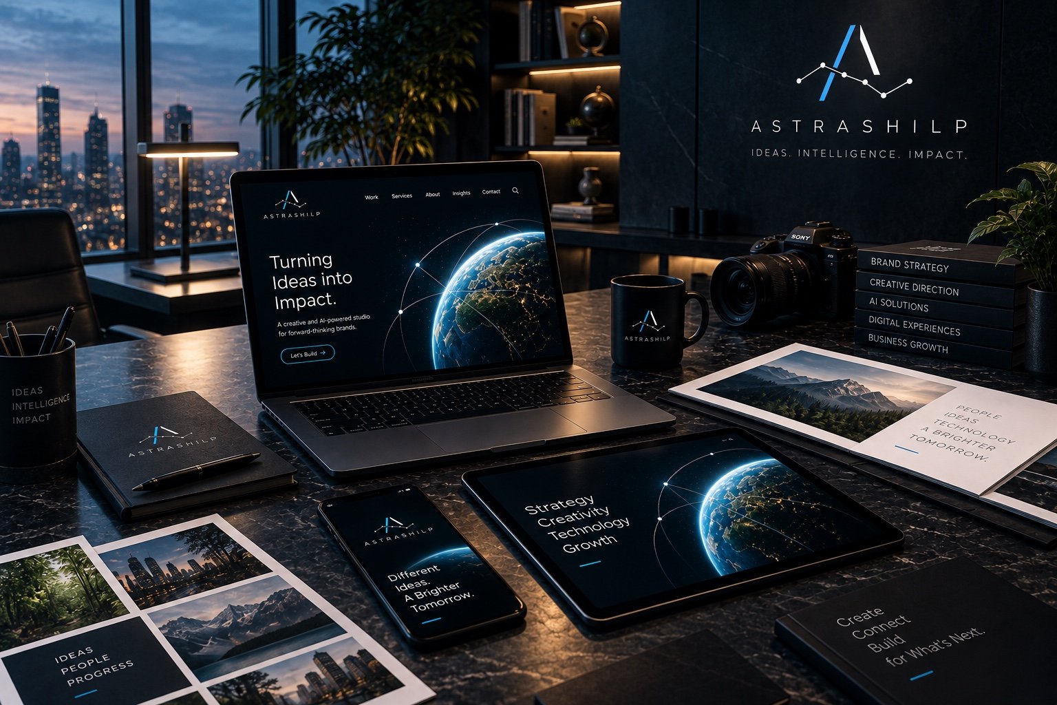 The AstraShilp brand in use — the site open on a laptop, tablet and phone beside printed brand collateral in a studio at dusk